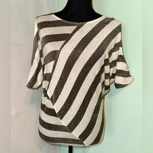 Vintage 90s bebe Gray and White cold shoulder sheer Glitter Diagonal Stripe Top